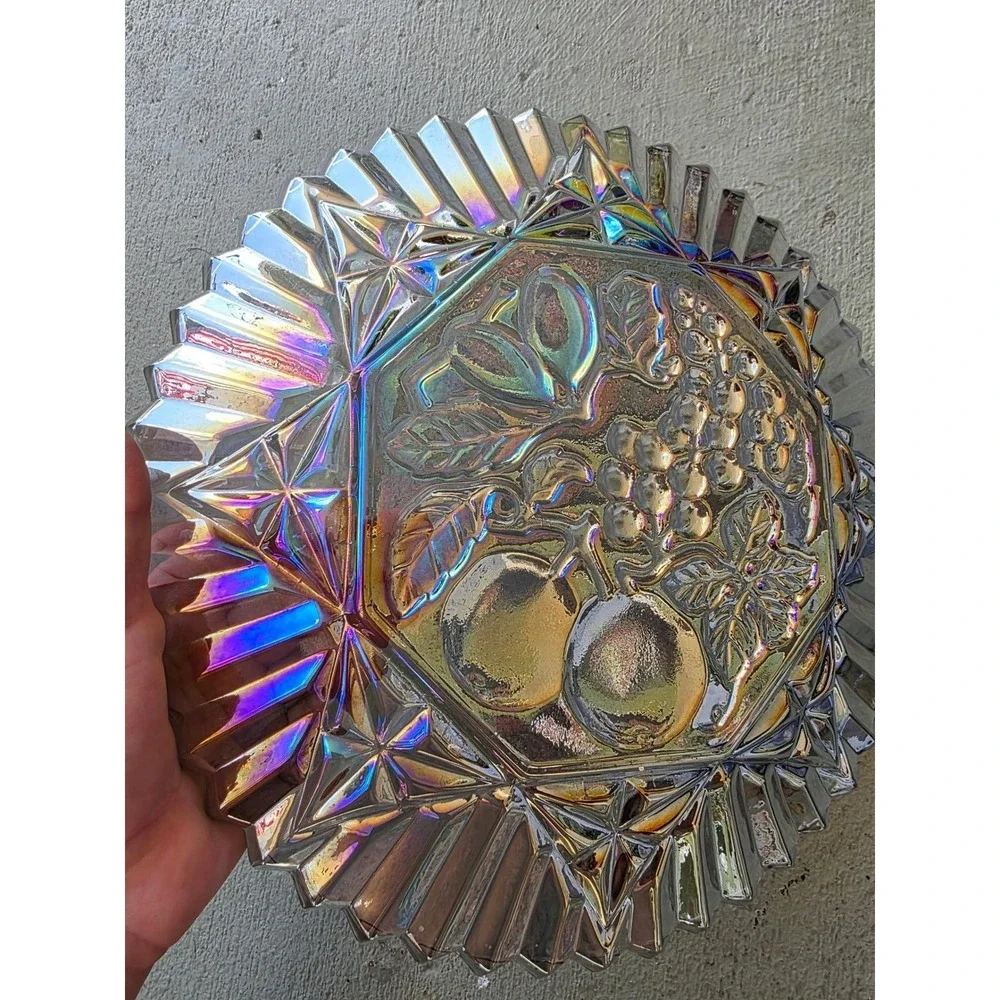 Vintage Carnival Glass Bowl Iridescent Fruit Harvest Grapes Pears 10.5 Inch‎ E3